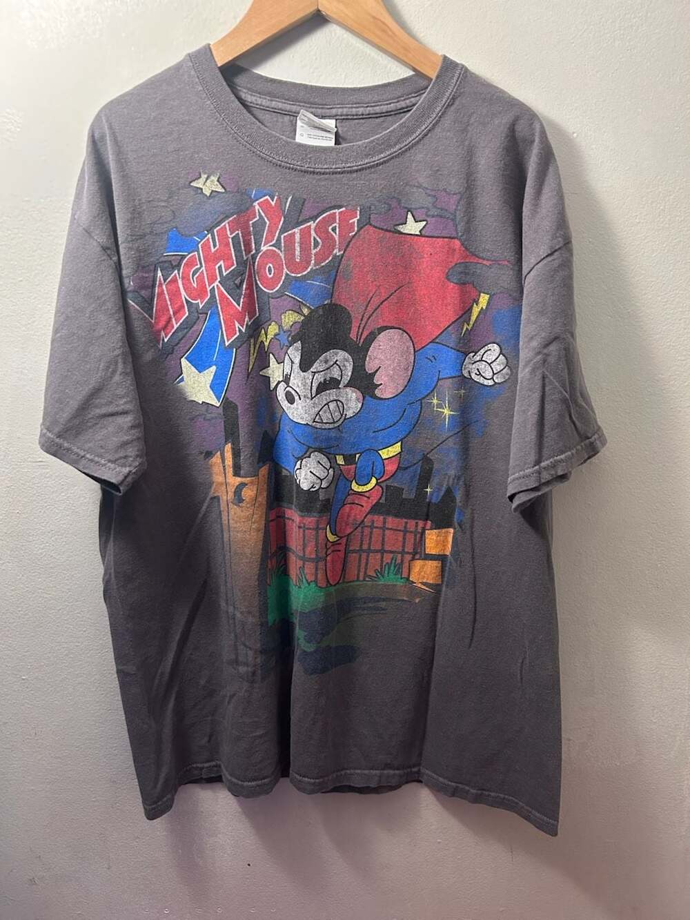 Vintage Mighty Mouse Graphic T-Shirt Gray Large
